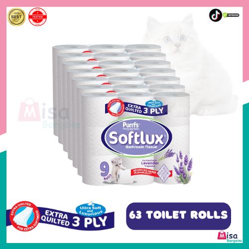63 Toilet Rolls 3 Ply Softlux Lavender Scent 7 Pack*9 Rolls Flushable Disposable 63 Toilet Rolls 3 Ply Softlux Lavender Scent 7 Pack*9 Rolls Flushable Disposable